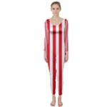 Vertical Stripes - White and Alizarin Red Long Sleeve Catsuit