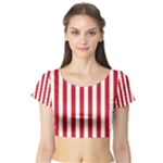 Vertical Stripes - White and Fire Engine Red Short Sleeve Crop Top (Tight Fit)