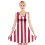 Vertical Stripes - White and Cardinal Red V-Neck Sleeveless Dress