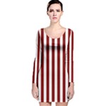 Vertical Stripes - White and Maroon Red Long Sleeve Velvet Bodycon Dress