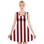 Vertical Stripes - White and Maroon Red V-Neck Sleeveless Dress