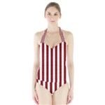 Vertical Stripes - White and Maroon Red Women s Halter One Piece Swimsuit
