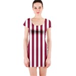 Vertical Stripes - White and Burgundy Red Short Sleeve Bodycon Dress