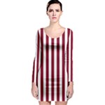 Vertical Stripes - White and Burgundy Red Long Sleeve Bodycon Dress