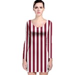 Vertical Stripes - White and Burgundy Red Long Sleeve Velvet Bodycon Dress