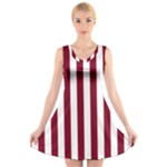 Vertical Stripes - White and Burgundy Red V-Neck Sleeveless Dress