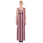 Vertical Stripes - White and Burgundy Red Maxi Thigh Split Dress