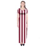 Vertical Stripes - White and Burgundy Red Short Sleeve Maxi Dress