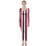 Vertical Stripes - White and Burgundy Red Long Sleeve Catsuit