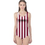 Vertical Stripes - White and Burgundy Red One Piece Swimsuit
