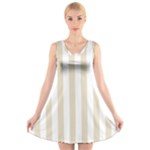 Vertical Stripes - White and Pearl Brown V-Neck Sleeveless Dress