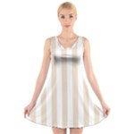 Vertical Stripes - White and Almond Brown V-Neck Sleeveless Dress