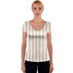 Vertical Stripes - White and Pastel Brown Women s V-Neck Cap Sleeve Top