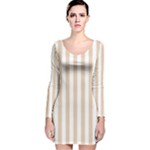 Vertical Stripes - White and Pastel Brown Long Sleeve Velvet Bodycon Dress