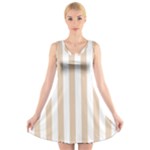 Vertical Stripes - White and Pastel Brown V-Neck Sleeveless Dress