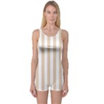 Vertical Stripes - White and Pastel Brown One Piece Boyleg Swimsuit