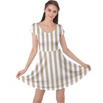 Vertical Stripes - White and Khaki Brown Cap Sleeve Dress
