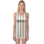 Vertical Stripes - White and Khaki Brown One Piece Boyleg Swimsuit