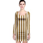 Vertical Stripes - White and Golden Brown Long Sleeve Bodycon Dress