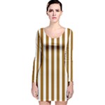 Vertical Stripes - White and Golden Brown Long Sleeve Velvet Bodycon Dress