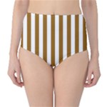 Vertical Stripes - White and Golden Brown High-Waist Bikini Bottoms