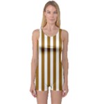 Vertical Stripes - White and Golden Brown One Piece Boyleg Swimsuit