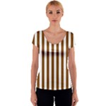 Vertical Stripes - White and Chocolate Brown Women s V-Neck Cap Sleeve Top