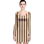 Vertical Stripes - White and Chocolate Brown Long Sleeve Velvet Bodycon Dress