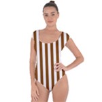 Vertical Stripes - White and Chocolate Brown Short Sleeve Leotard (Ladies)