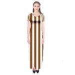 Vertical Stripes - White and Chocolate Brown Short Sleeve Maxi Dress