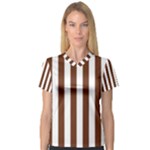 Vertical Stripes - White and Auburn Brown Women s V-Neck Sport Mesh Tee