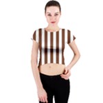 Vertical Stripes - White and Auburn Brown Crew Neck Crop Top