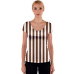 Vertical Stripes - White and Auburn Brown Women s V-Neck Cap Sleeve Top