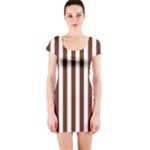 Vertical Stripes - White and Auburn Brown Short Sleeve Bodycon Dress