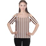 Vertical Stripes - White and Auburn Brown Women s Cutout Shoulder Tee