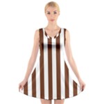 Vertical Stripes - White and Auburn Brown V-Neck Sleeveless Dress