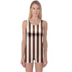 Vertical Stripes - White and Auburn Brown One Piece Boyleg Swimsuit