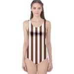 Vertical Stripes - White and Auburn Brown One Piece Swimsuit