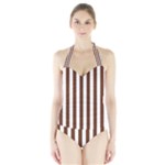 Vertical Stripes - White and Auburn Brown Women s Halter One Piece Swimsuit