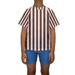 Vertical Stripes - White and Auburn Brown Kid s Short Sleeve Swimwear