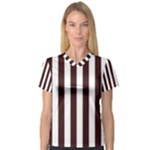 Vertical Stripes - White and Dark Sienna Brown Women s V-Neck Sport Mesh Tee