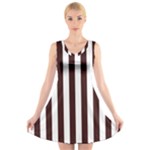 Vertical Stripes - White and Dark Sienna Brown V-Neck Sleeveless Dress