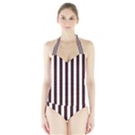 Vertical Stripes - White and Dark Sienna Brown Women s Halter One Piece Swimsuit
