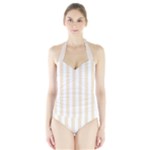 Vertical Stripes - White and Champagne Orange Women s Halter One Piece Swimsuit