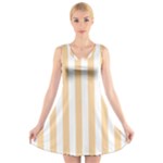 Vertical Stripes - White and Sunset Orange V-Neck Sleeveless Dress