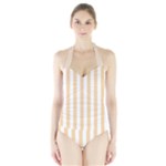 Vertical Stripes - White and Sunset Orange Women s Halter One Piece Swimsuit