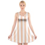 Vertical Stripes - White and Apricot Orange V-Neck Sleeveless Dress