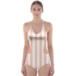 Vertical Stripes - White and Apricot Orange Cut-Out One Piece Swimsuit