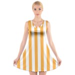 Vertical Stripes - White and Pastel Orange V-Neck Sleeveless Dress