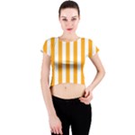 Vertical Stripes - White and Dark Tangerine Orange Crew Neck Crop Top
